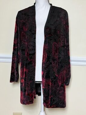 Perceptions Black and Red Velvet Burnout Open-Front Cardigan